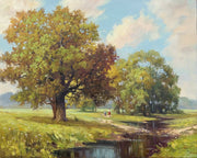 Hand-painted style wall mural featuring golden trees, a countryside meadow, and a walking path under a soft sky.