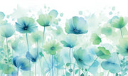 Watercolor floral wall mural featuring soft blue and green flowers in a delicate, hand-painted style.