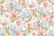 Pastel floral wall mural featuring hand-drawn flowers in pink, blue, and green tones.