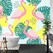 Leaves and flamingo wall mural image 3