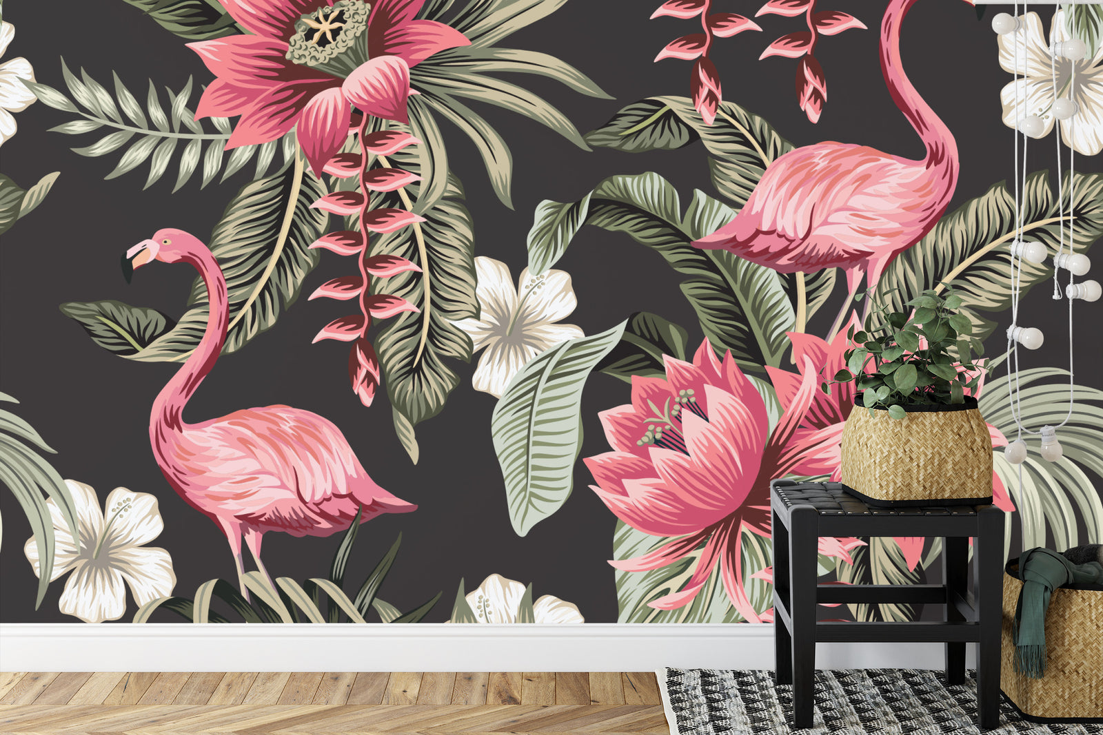 Tropical flowers and flamingos wall mural image 0