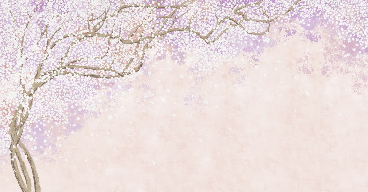 Soft pink and lavender floral wall mural with delicate blossoms on intertwining branches, creating a serene and elegant ambiance.