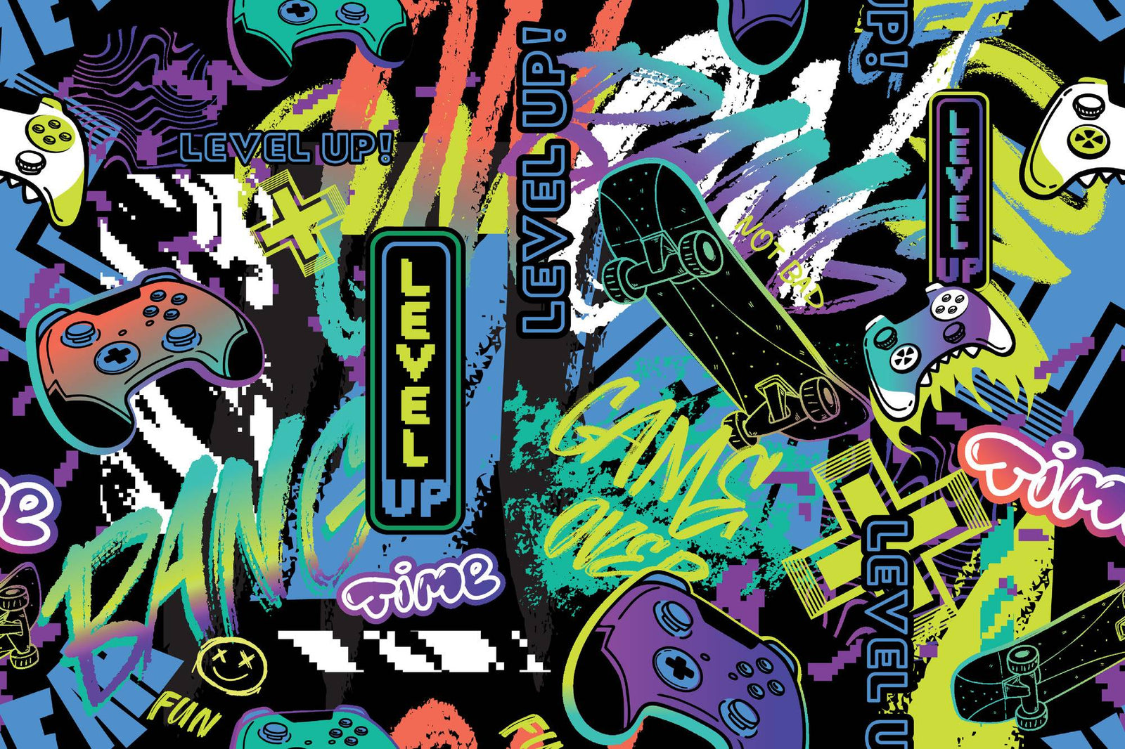 Colorful gaming-themed fabric with controllers, 'Level Up!' text, and abstract designs on a black background.
