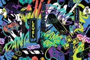 Colorful gaming-themed fabric with controllers, 'Level Up!' text, and abstract designs on a black background.
