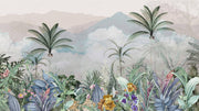 Exotic tropical wall mural with lush foliage, palm trees, and vibrant flowers in a jungle-inspired design.