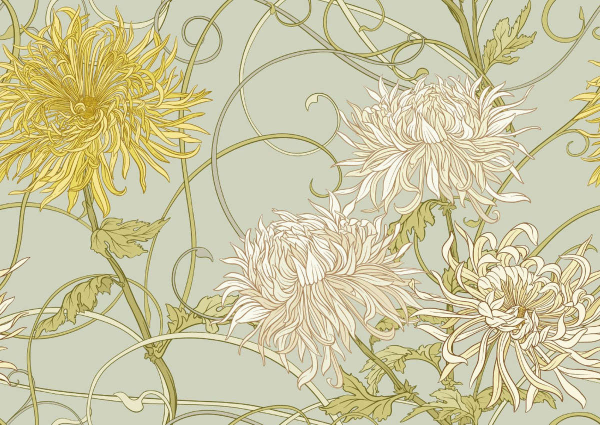 Art Nouveau floral wall mural with intricate yellow and beige chrysanthemum flowers on a sage-green background.