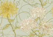 Art Nouveau floral wall mural with intricate yellow and beige chrysanthemum flowers on a sage-green background.