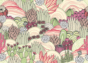 Desert bloom  wall mural with hand-drawn cacti, succulents, and rolling hills in pink, green, and cream tones, creating a bold and artistic bedroom backdrop.