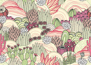 Desert bloom  wall mural with hand-drawn cacti, succulents, and rolling hills in pink, green, and cream tones, creating a bold and artistic bedroom backdrop.