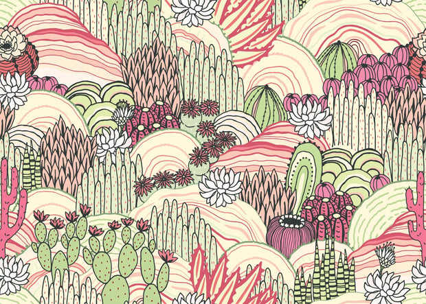 Desert bloom  wall mural with hand-drawn cacti, succulents, and rolling hills in pink, green, and cream tones, creating a bold and artistic bedroom backdrop.