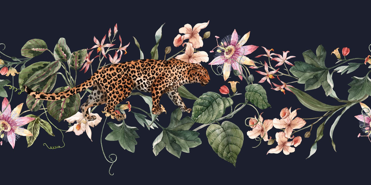 Exotic Leopard Wall Mural featuring a detailed leopard walking through lush tropical flowers and leaves on a dark background.