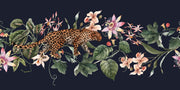 Exotic Leopard Wall Mural featuring a detailed leopard walking through lush tropical flowers and leaves on a dark background.