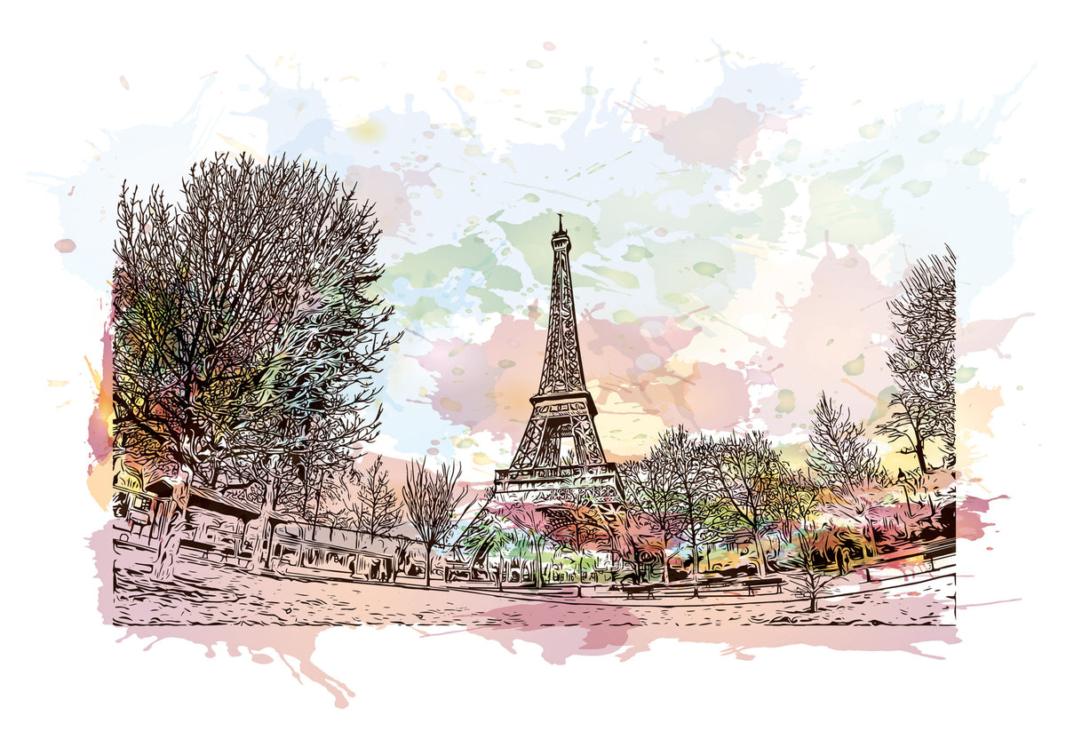 Watercolor Paris mural featuring the Eiffel Tower with pastel skies and ink sketch trees.