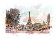 Watercolor Paris mural featuring the Eiffel Tower with pastel skies and ink sketch trees.