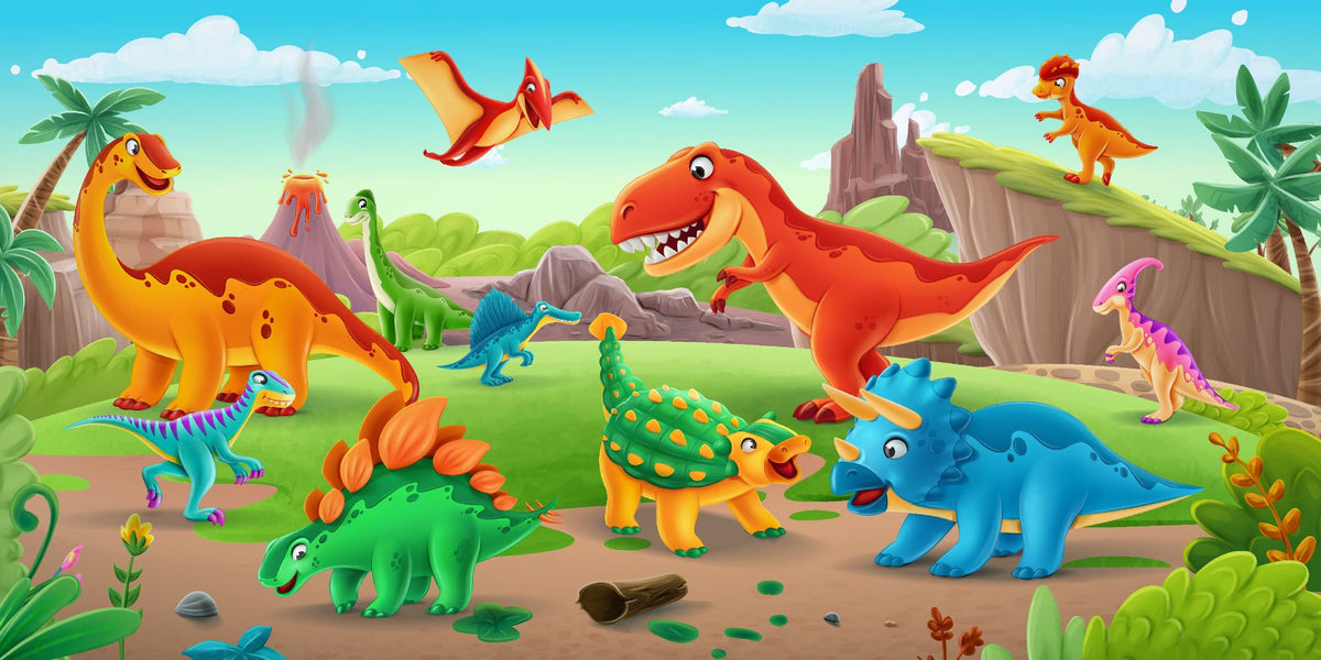 Cartoon dinosaur wall mural featuring a roaring T-Rex, playful dinosaurs, and a bright prehistoric landscape, perfect for kid's bedrooms and playrooms.