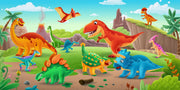 Cartoon dinosaur wall mural featuring a roaring T-Rex, playful dinosaurs, and a bright prehistoric landscape, perfect for kid's bedrooms and playrooms.