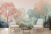 Elegant woodland wall mural and wallpaper featuring soft autumn forest hues with trees in peach, green and beige, styled in a cozy living room.