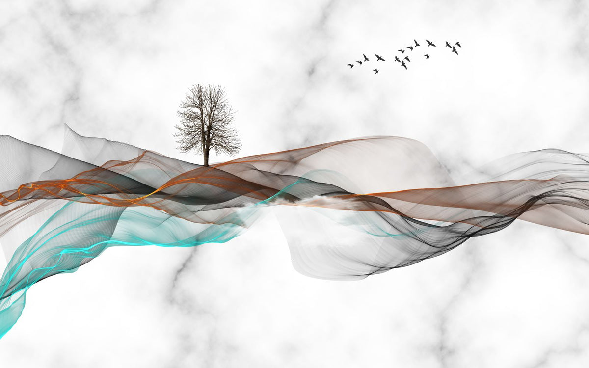 Abstract Flowing Waves Wall Mural – Modern Minimalist Landscape Wallpaper with Ethereal Fluid Waves, a Solitary Tree, and a Flock of Birds Over a Marble-Textured Background.