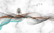 Abstract Flowing Waves Wall Mural – Modern Minimalist Landscape Wallpaper with Ethereal Fluid Waves, a Solitary Tree, and a Flock of Birds Over a Marble-Textured Background.