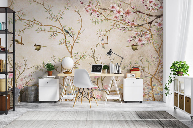 Elegant bedroom interior featuring a pastel Chinoiserie wall mural with delicate cherry blossoms and birds, decorating a modern home office..
