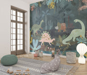 Dark jungle dinosaur wall mural featuring whimsical dinosaurs, exotic plants, and a deep green forest setting, perfect for nurseries and kids’ rooms.