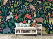Children's room with colorful jungle-themed wallpaper featuring animals and plants.
