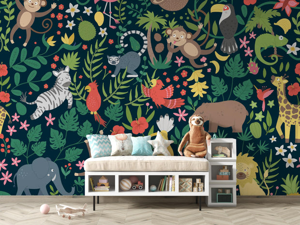 Children's room with colorful jungle-themed wallpaper featuring animals and plants.