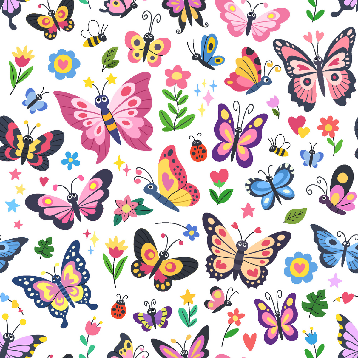 A colorful seamless repeating pattern featuring various cartoon-style butterflies, flowers, bees, stars, hearts, and a ladybug on a white background.