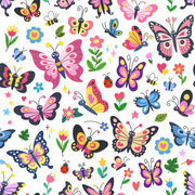 A colorful seamless repeating pattern featuring various cartoon-style butterflies, flowers, bees, stars, hearts, and a ladybug on a white background.