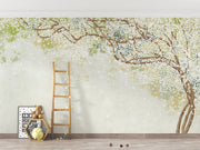 Elegant Blossom Wall Mural showcasing delicate floral branches with white blooms and a soft green gradient background, ideal for bedroom decor.
