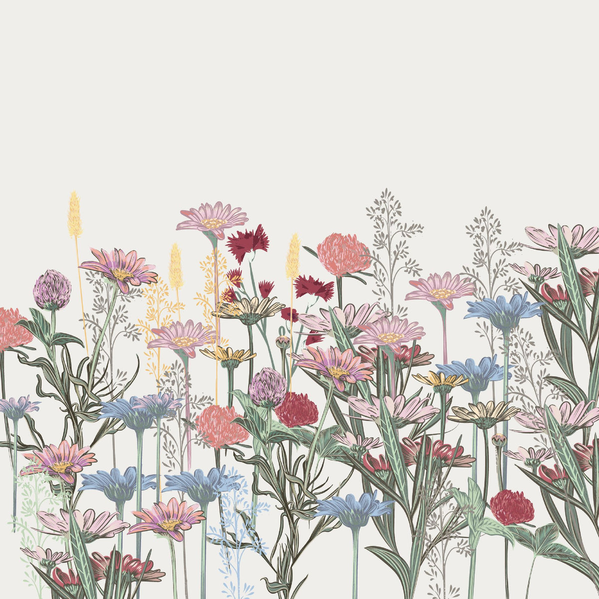 Botanical wall mural with colorful wildflowers in pastel and earthy tones, creating a fresh and inviting atmosphere.