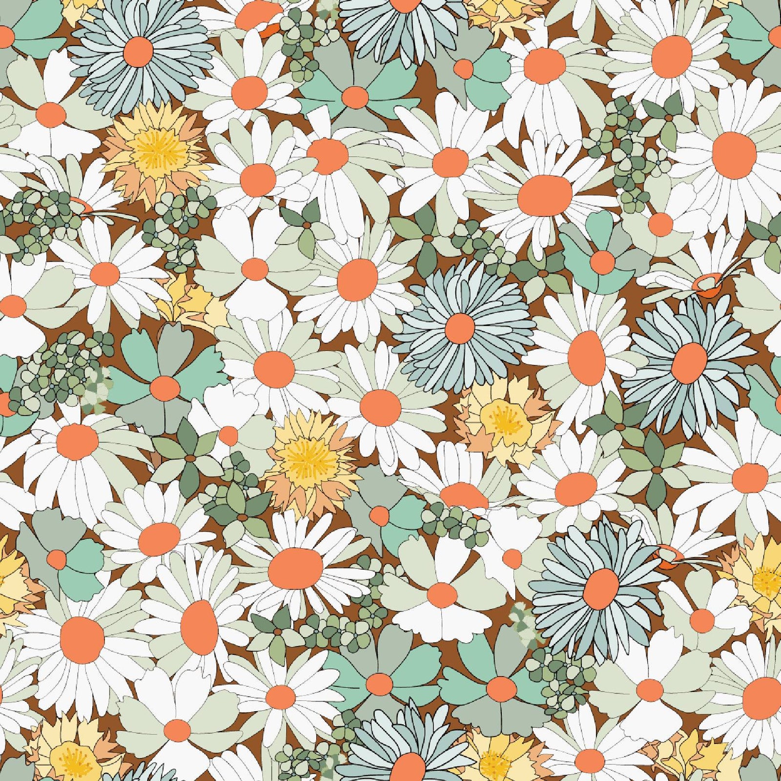 Pattern of flowers with white, green, and orange colors on a brown background