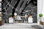Black and white city map wall mural with detailed urban street layout, perfect for modern bedroom or office decor.