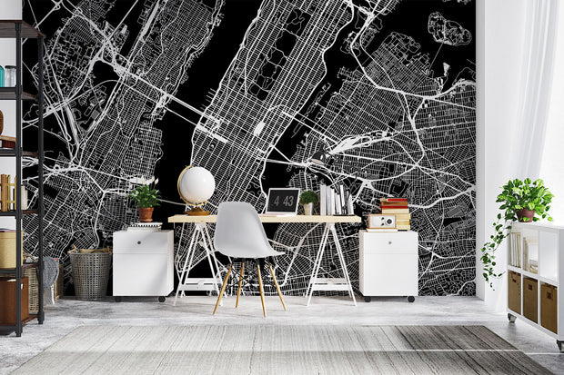 Black and white city map wall mural with detailed urban street layout, perfect for modern bedroom or office decor.