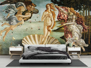 The Birth of Venus wall mural featuring Botticelli’s iconic Renaissance painting with vivid colors, classical figures, and luxurious decor setting.