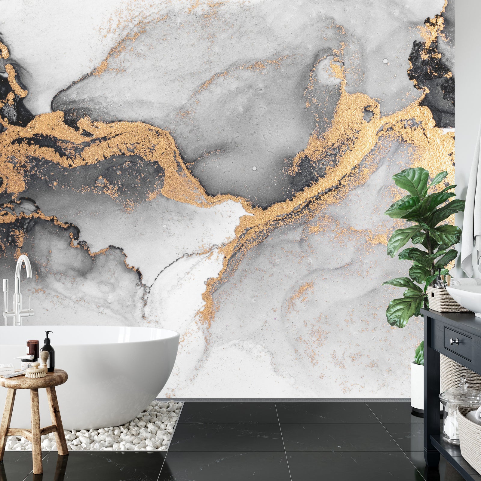Grey and gold abstract marble art wall mural image 0