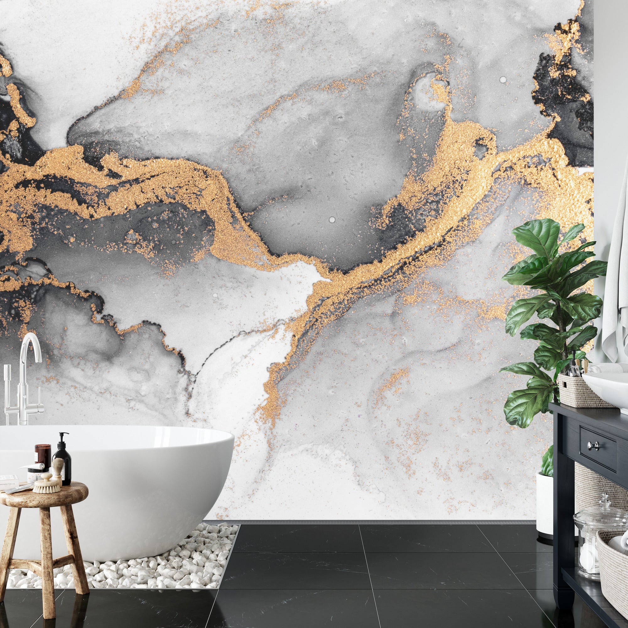 Grey and gold abstract marble art wall mural image 0