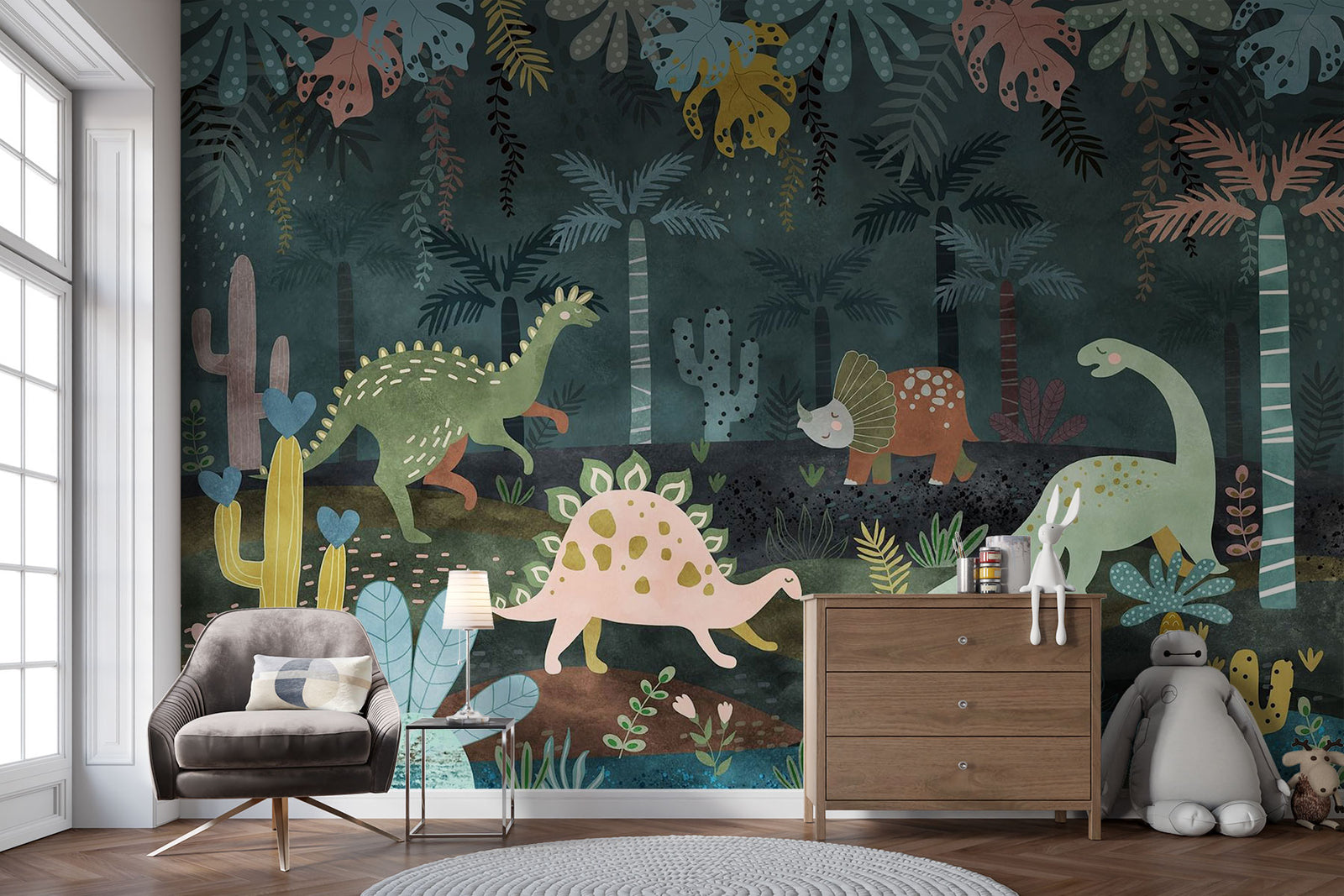 Dark jungle dinosaur wall mural featuring whimsical dinosaurs, exotic plants, and a deep green forest setting, perfect for nurseries and kids’ rooms.