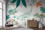 Kids’ bedroom wall mural featuring cute dinosaurs like triceratops, sauropod, and pterodactyls in a soft leafy landscape design.
