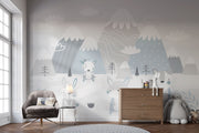 Scandinavian-style nursery wall mural featuring snowy mountains, foxes, rabbits, and a bear in soft pastel tones. Perfect for a cozy and modern kids’ room or baby nursery.