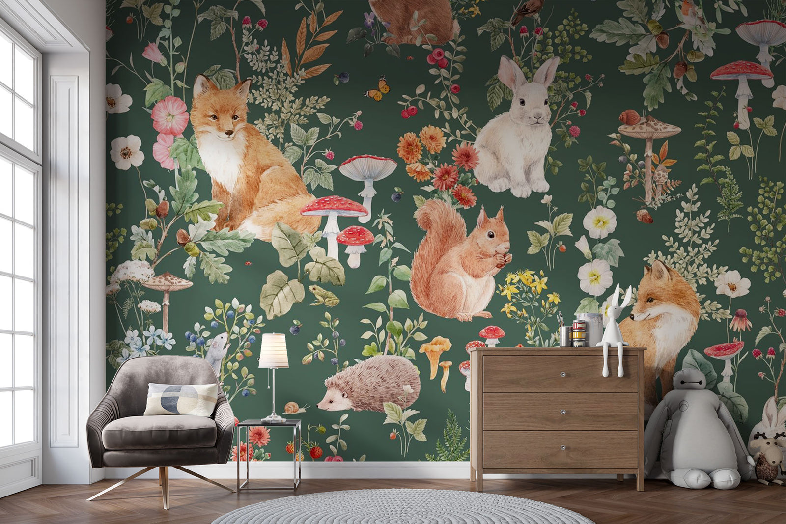 Enchanted forest animals wall mural with foxes, rabbits, hedgehogs, wildflowers, and mushrooms in a vintage botanical style, set against a deep green background.