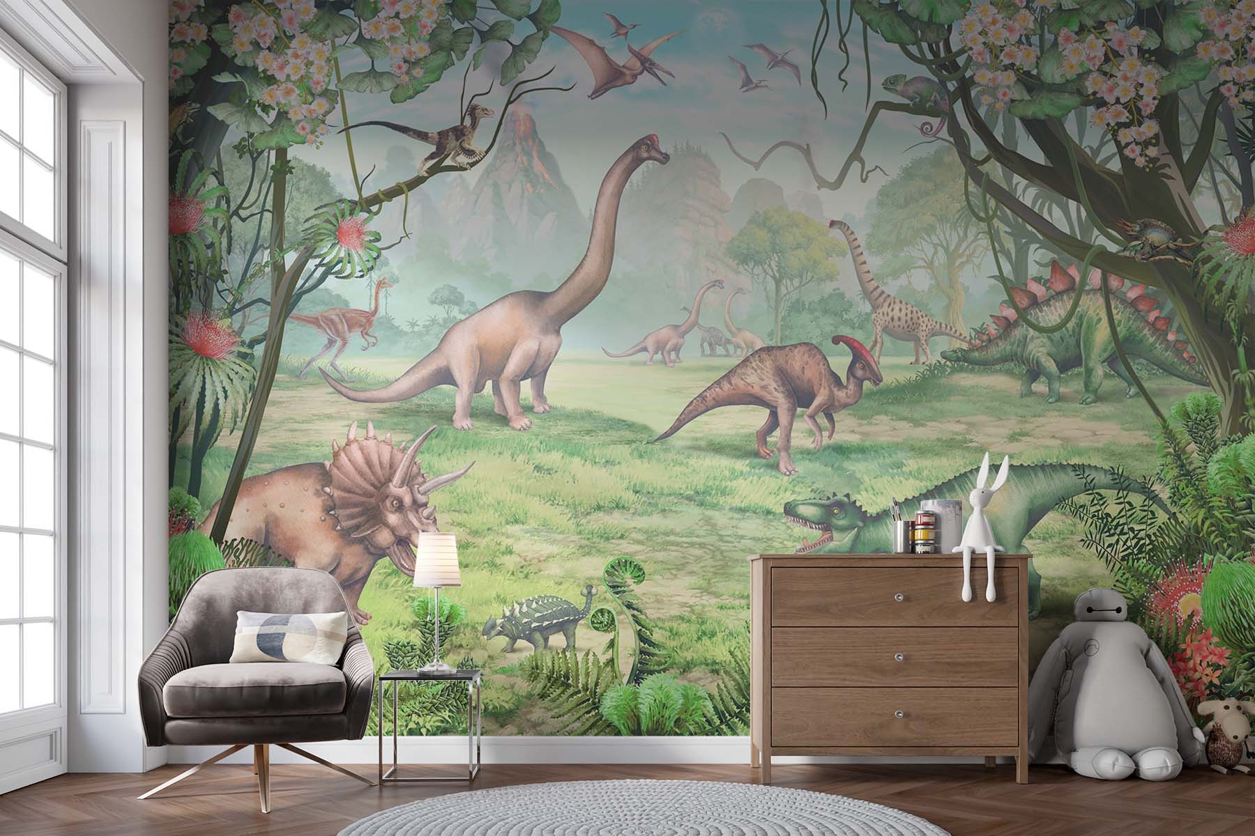 Jurassic Dinosaur Wall Mural – Realistic Prehistoric Scene with Brachiosaurus, Triceratops, and Velociraptors in a Lush Green Landscape for Kids' Rooms.