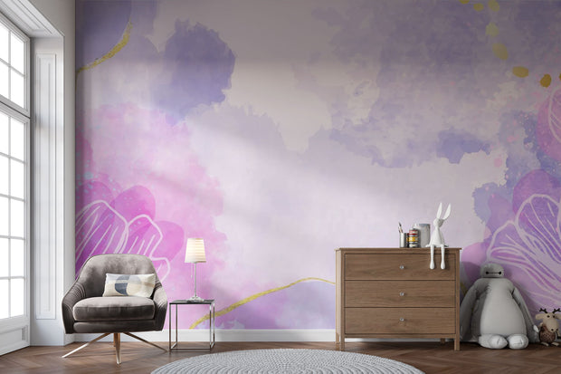 Watercolor flower-themed mural in pink, purple, and lavender with gold accents, decorating kid's bedroom.