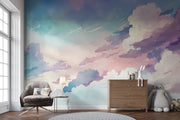 Watercolor cloud wall mural in soft pastel hues of pink, blue, and lavender, creating a dreamy sky effect for kids' rooms and nurseries.