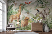 Tropical safari wall mural with exotic animals, including an elephant, giraffe, lion, toucan, and parrot, surrounded by lush tropical leaves and greenery – perfect for kid's rooms and nature-inspired interiors.