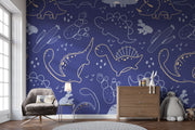 Navy blue dinosaur wall mural with outlined dinos, cacti, and doodles in a playful, modern style—perfect for kids' rooms.