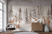 Enchanted meadow nursery wall mural with watercolor forest animals.