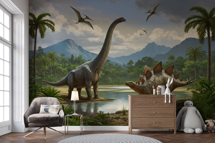 Realistic dinosaur wall mural featuring a Brachiosaurus, Stegosaurus, lush jungle landscape, towering palm trees, and flying pterosaurs in a prehistoric setting.