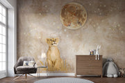 Safari lion cub wall mural featuring a realistic lion cub gazing at a glowing moon, surrounded by stars and warm beige tones, perfect for a cozy nursery.