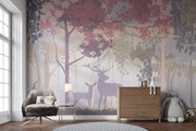 Deer and woodland silhouette mural with soft pastel trees, creating a peaceful forest scene for kids’ rooms and nurseries.